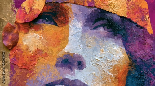 Colorful abstract female portrait with leaves on a brown and magenta canvas background. 