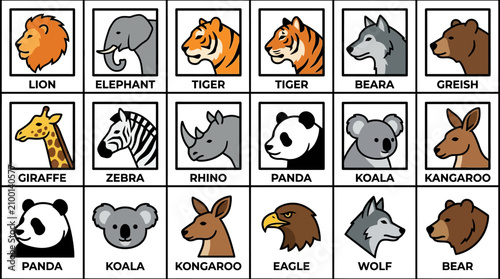 Canvas Print Collection of Cartoon Animal Icons - Lion, Elephant, Tiger, Bear, Giraffe, Zebra