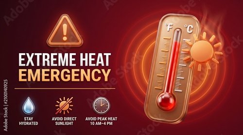 Dark red extreme heat emergency notification graphic with safety protocol icons and temperature gauge
