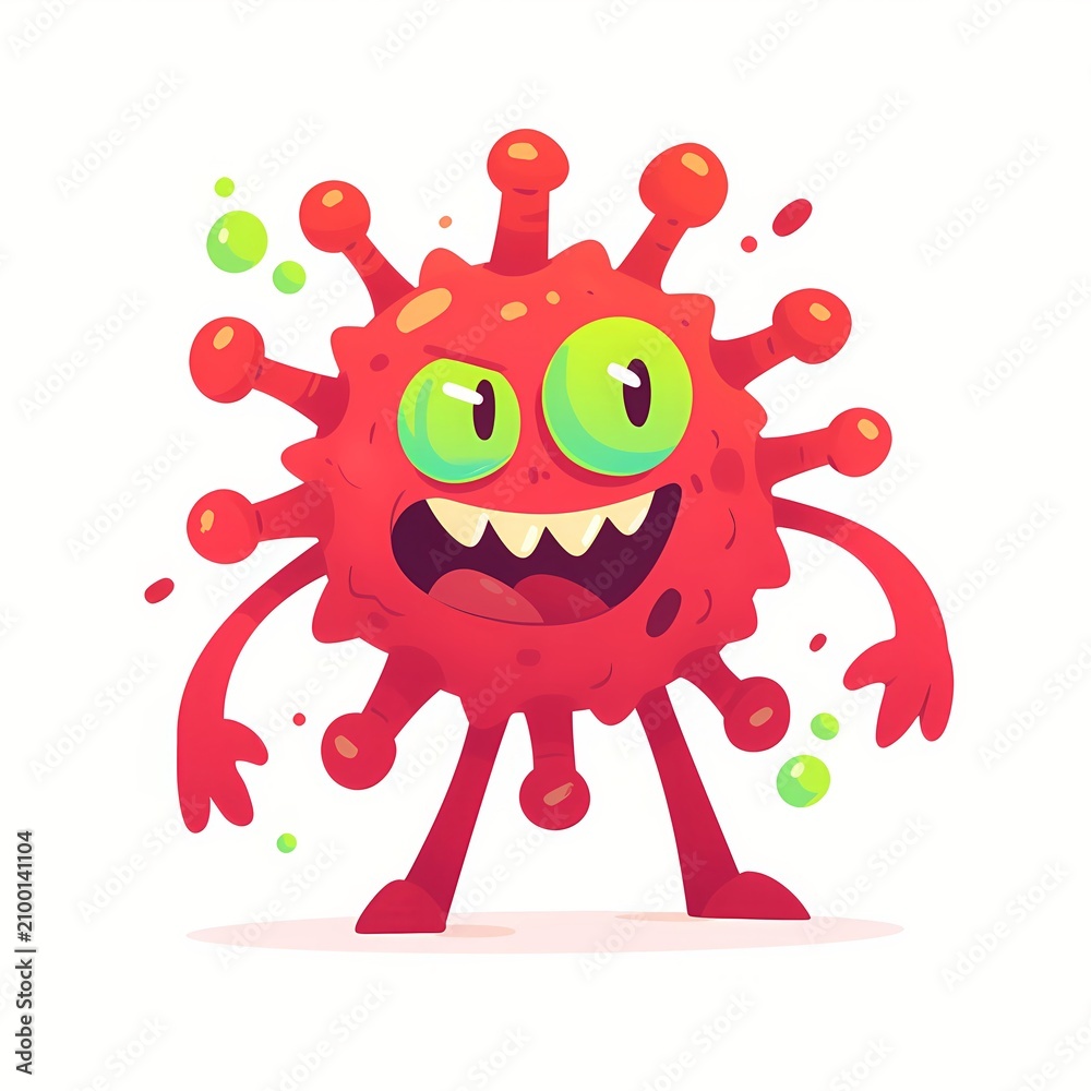 Fototapeta premium Red virus character with green eyes and sharp teeth. Cartoon monster representing a biological germ pathogen. Funny infection agent illustration for microbiology and science education concept.