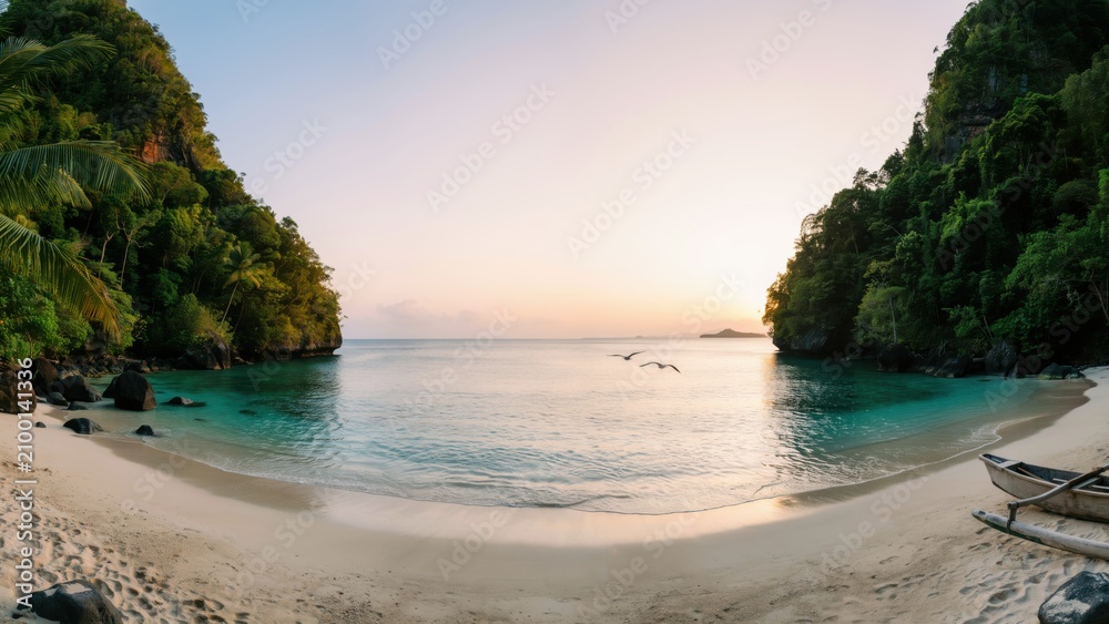 Obraz premium Breathtaking panoramic view of a tropical paradise beach at golden hour sunset