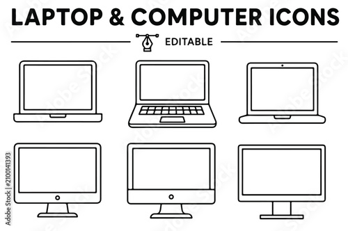 Desktop Computer Icons Collection with Monitor and PC Editable Vector Set
