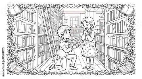 Tableau sur toile Romantic marriage proposal coloring page, boy proposing to girl in a library vec