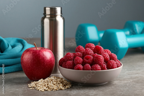 Healthy snacks on a table with workout equipment