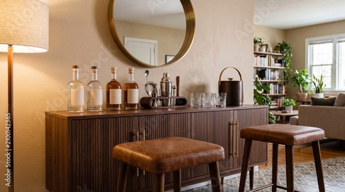 Fluted walnut credenza styled as home bar with brass accents