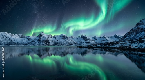 Northern lights over snowy mountains and reflective lake at night