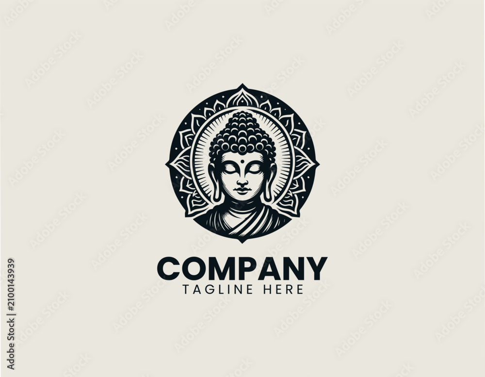 Obraz premium Peaceful Buddha portrait with decorative halo black vector logo illustration