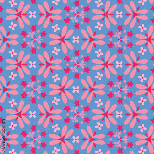 Pink Floral Seamless Pattern on Blue Background, Cute Frost Flower Repeat Vector Illustration