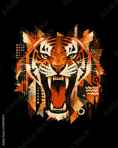 Roaring tiger head illustration. Dramatic and bold design perfect for t-shirts, posters, tattoos, apparel and digital prints.