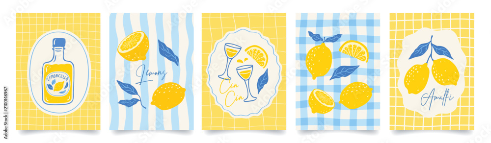Fototapeta premium Set of citrus fruits italian posters. Amalfi. Summer mediterranean print with hand drawn yellow lemon and blue leaves. Vacation in Italy. Vector design for card, banner, kitchen, menu, cover.