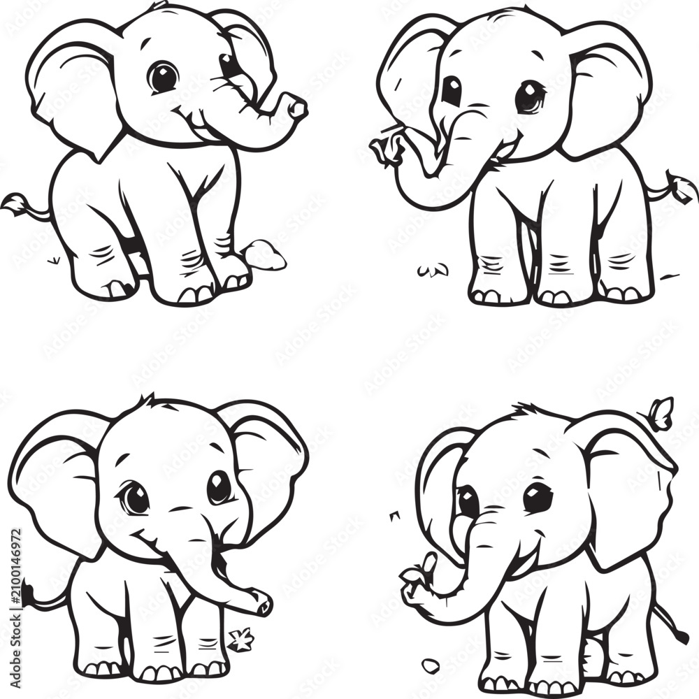 Obraz premium Cute baby elephant coloring page set, 4 cartoon elephant character vectors, black and white outline illustrations for kids activity books