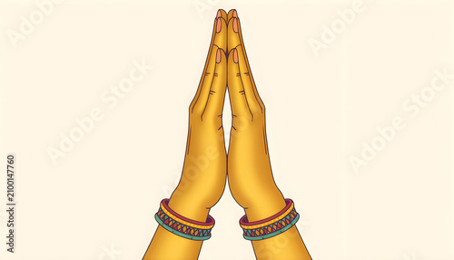 Woman hands together in namaste greeting gesture illustration