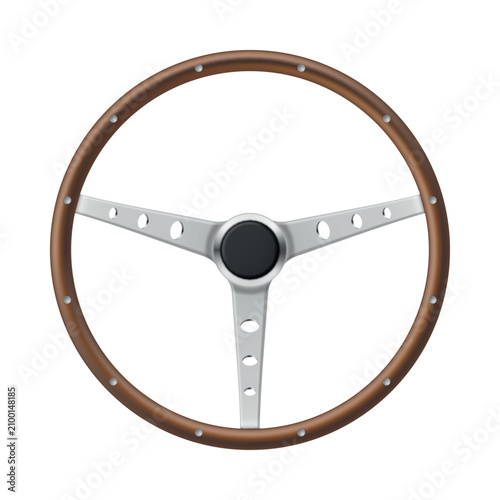 Foto Illustration of a retro steering wheel with a rounded wooden rim with a metal core, for car related projects and themes