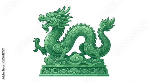 Fotografie Green Jade Dragon Sculpture on Cloud Base, Traditional Asian Art