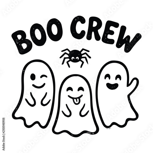 Halloween ghosts and spider with BOO CREW text on white background