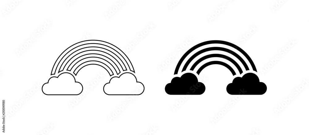 Obraz premium Rainbow icon with clouds, symbolizing hope and good weather after rain, outline and solid silhouette.