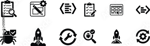 Software development project management icons for task tracking coding optimization and bug fixing.