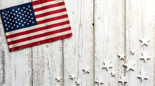 American flag and white wooden stars on a rustic white wooden background, top view with copy space
