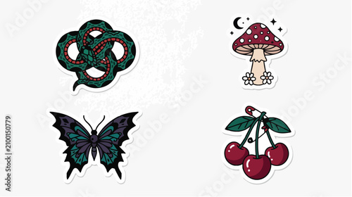 Creative Sticker Pack Featuring a Snake, Butterfly, Mushroom, and Cherries