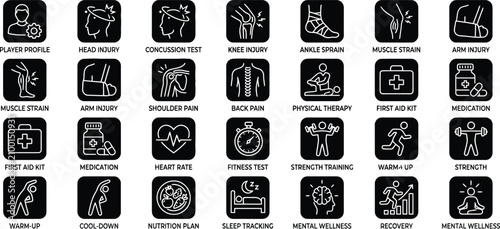 Vector solid glyph icon set of athlete sports injury medical rehabilitation physical therapy first aid and fitness recovery dashboard widgets