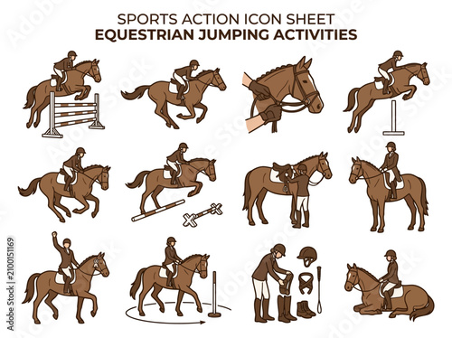 Foto A grid of 12 illustrated icons depicting equestrian jumping activities equipment