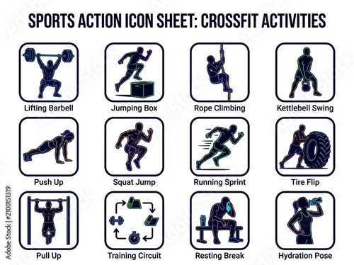 A grid of 12 labeled icons illustrating various CrossFit exercises and activities in a flat style