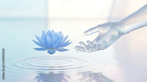 Ethereal 3D render of a blue lotus floating above water ripples with a glass hand reaching for the sacred lotus flower to represent peace and the blooming lotus of enlightenment.