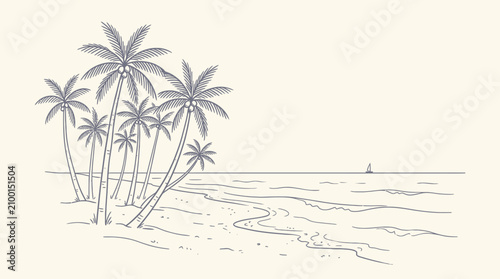 A serene Hand-drawn sketch of palm trees standing on a tropical beach with calm waves.