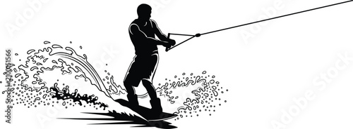 Canvas Print Water Skiing Silhouette with Dynamic Splash Wake Sports Vector Illustration for