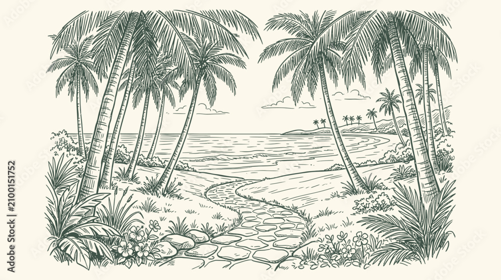 Obraz premium A serene Hand-drawn sketch of palm trees surrounding a winding stone path leading to the ocean.