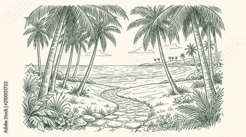 A serene Hand-drawn sketch of palm trees surrounding a winding stone path leading to the ocean.