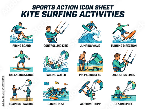 Photography Grid of twelve illustrated kite surfing action icons with text captions on a whi