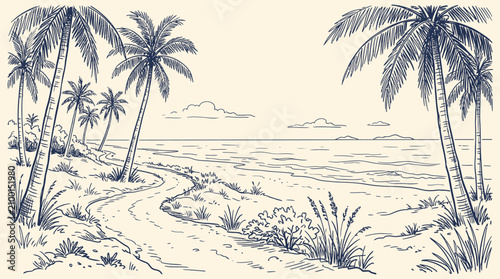 Cuadro en lienzo A Hand-drawn sketch of a serene beach scene with palm trees, sandy pathway, and ocean waves