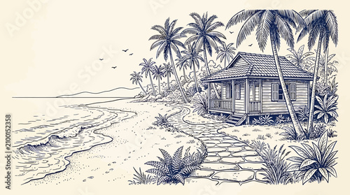 Obraz na płótnie A serene Hand-drawn sketch of a tropical beach hut surrounded by palm trees and lush vegetation along a winding stone path