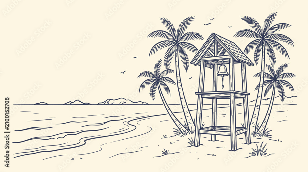 Fototapeta premium A Hand-drawn sketch of a tropical beach scene featuring a lifeguard tower surrounded by palm trees and serene ocean waves.