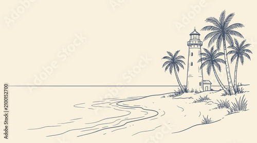 Foto A serene Hand-drawn sketch of a lighthouse standing beside palm trees on a sandy beach