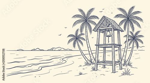 Quadro em tela A Hand-drawn sketch of a tropical beach scene featuring a lifeguard tower surrounded by palm trees and serene ocean waves