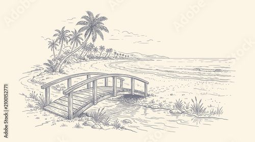 Quadro su tela A serene Hand-drawn sketch of a wooden bridge leading to palm trees on a beach