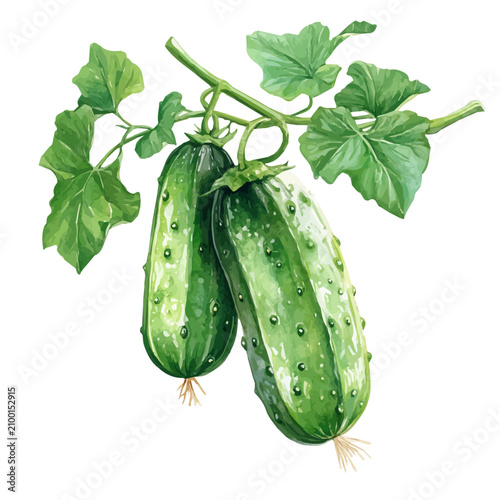 Watercolor illustration painting of Cucumber On A Tree Branch, minimal, isolated on a white background.