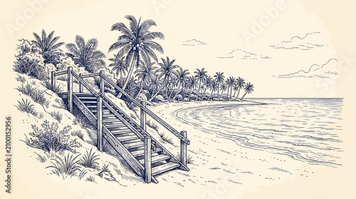 A serene Hand-drawn sketch of a beach scene featuring a wooden staircase leading to the shore with palm trees and tropical plants.
