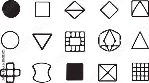 Minimalist Geometric Shapes Collection and Black Outline Vector Icons Set
