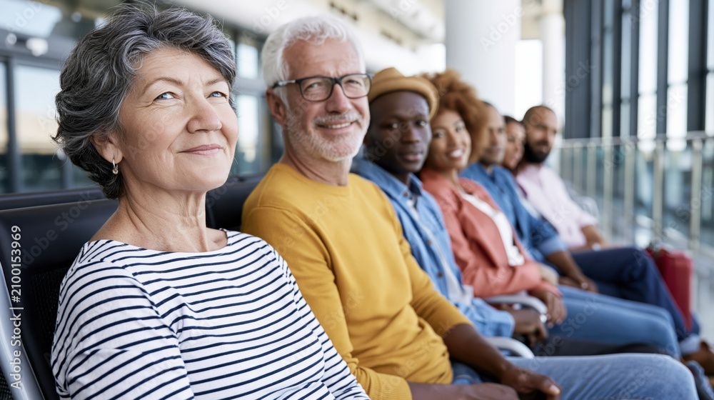 Fototapeta premium Diverse group of people from different backgrounds waiting together in a modern airport lounge
