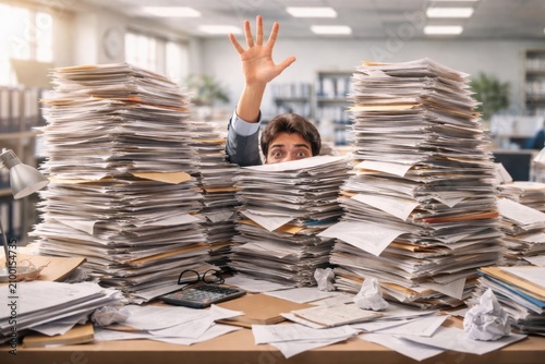 Overwhelmed office worker buried under towering paperwork showing business workload stress