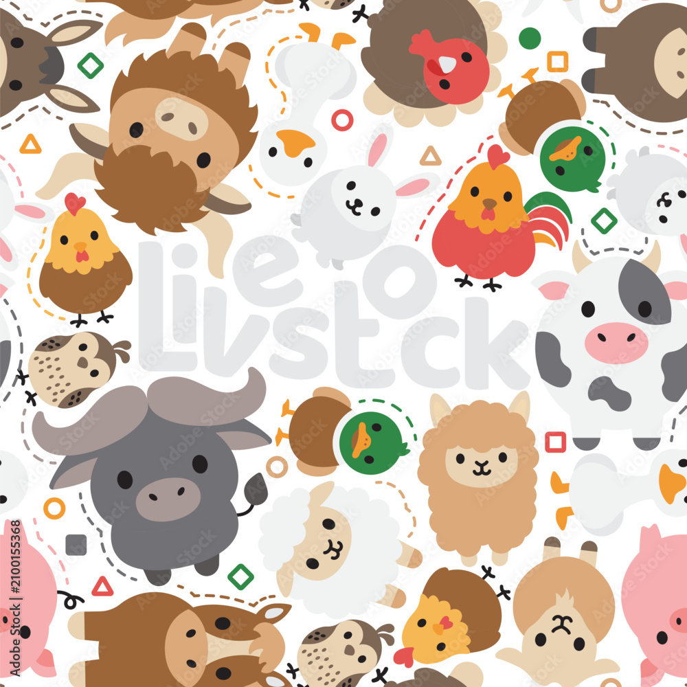 Fototapeta premium Cute farm animal collection with colorful cartoon flat illustrations.