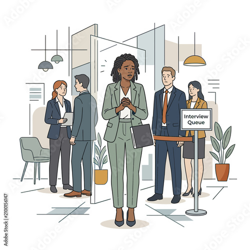 Diverse professionals waiting in job interview queue