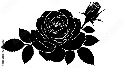 Black silhouette of rose. Vector illustration of black silhouette of rose with rosebud and leaves on a white background. PNG version.