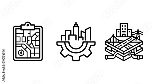 Urban infrastructure and city planning development icons with infrastructure planning development geography management construction engineering landscape business services utilities