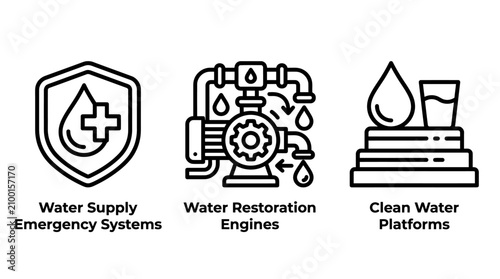 Water supply infrastructure and restoration utility icons with emergency restoration platform plumbing resource infrastructure treatment maintenance technique technical engineering