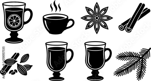 Foto Mulled Wine and Hot Winter Drinks Silhouette Icon Set with Cinnamon, Star Anise,