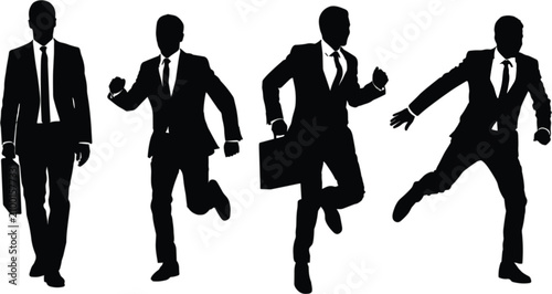 Businessmen running silhouettes, professional executives in dynamic motion with briefcases for corporate success vector illustration collection